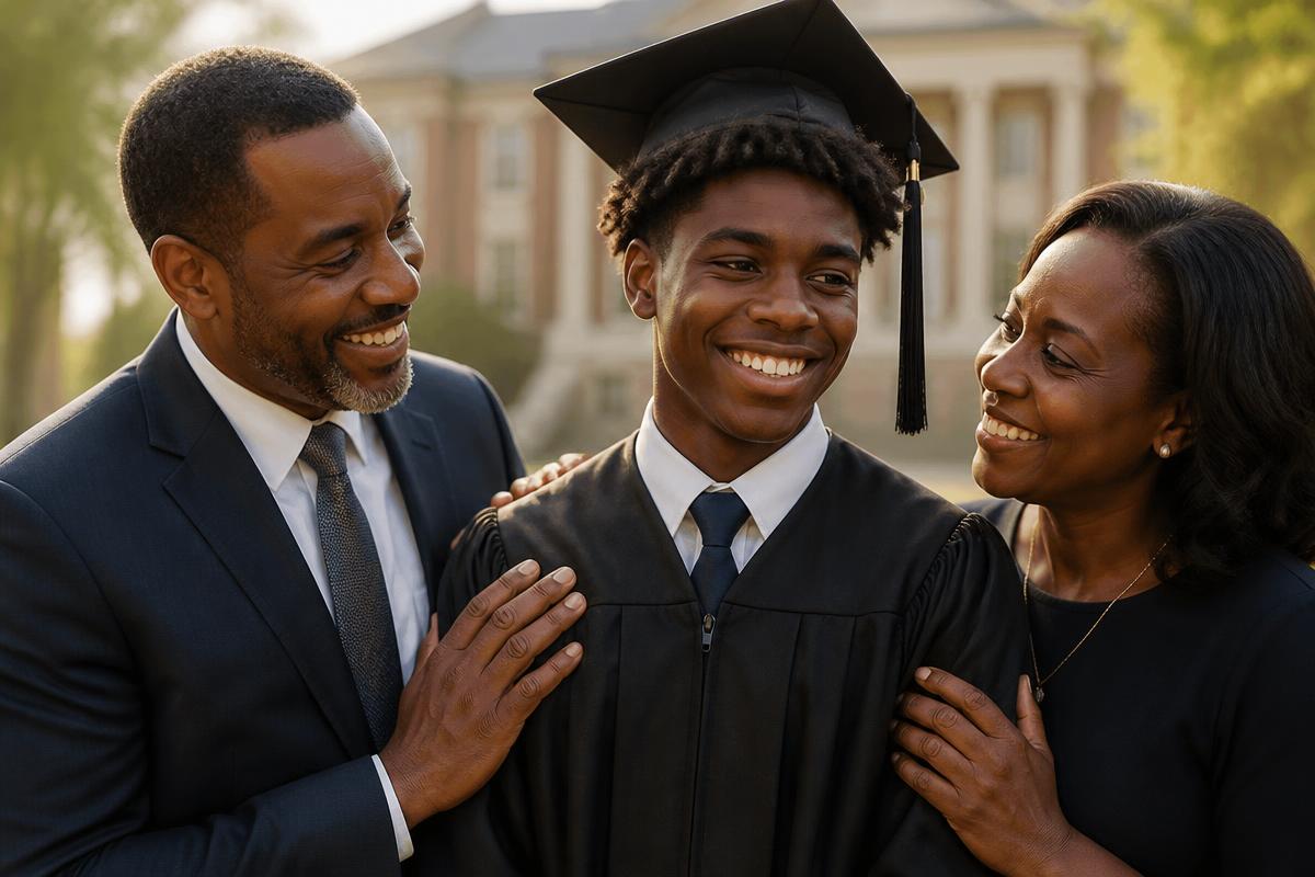 A college graduate celebrating with parents on campus