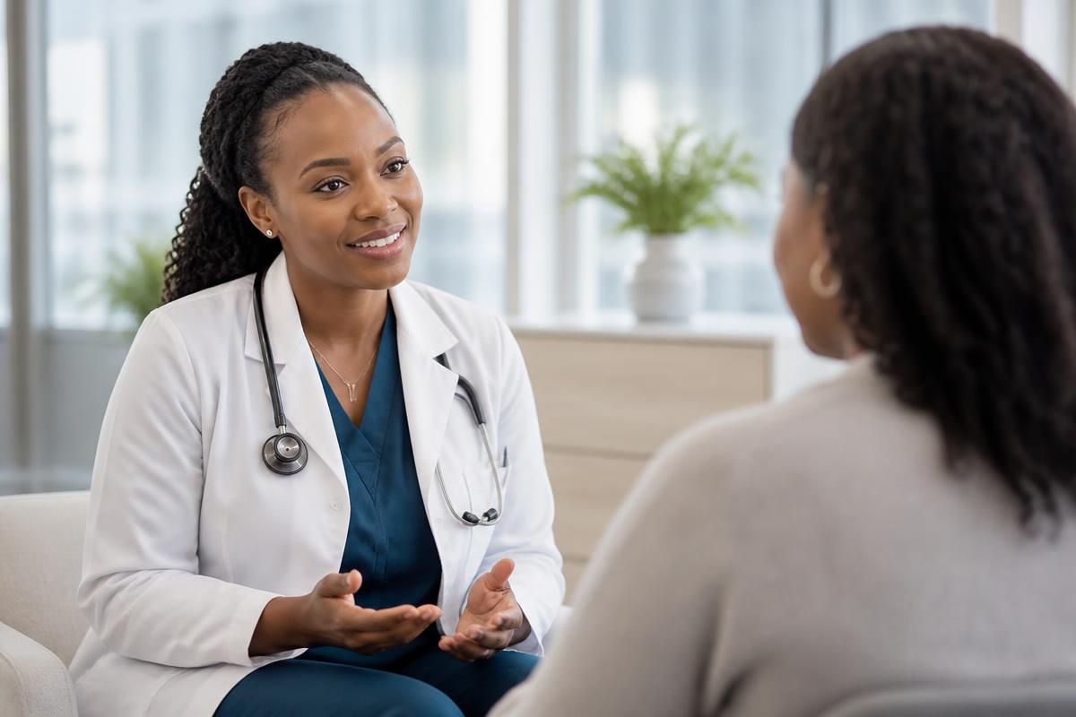 A doctor reassuring a patient in a bright clinic